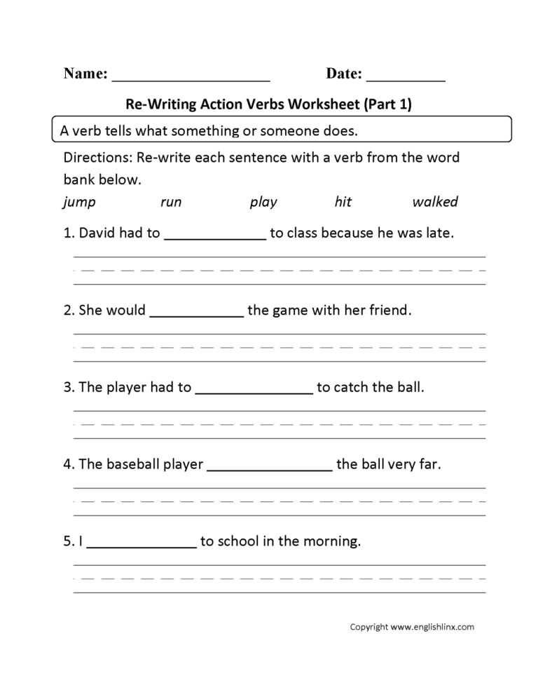First Grade Action Verbs Worksheet Grade 1