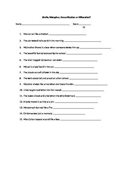 5th Grade Simile Metaphor Personification Worksheet