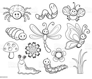 Vector Set Of Cute Cartoon Bug Line Art Coloring Stock Illustration