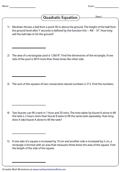 Quadratic Functions Worksheet With Answers Pdf