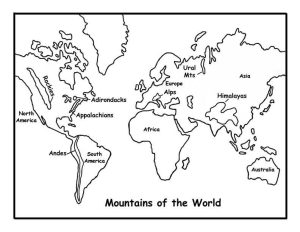 Mountains of the World map World map coloring page, World map