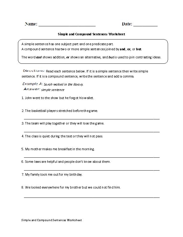 7th Grade Simple Compound And Complex Sentences Worksheet With Answers