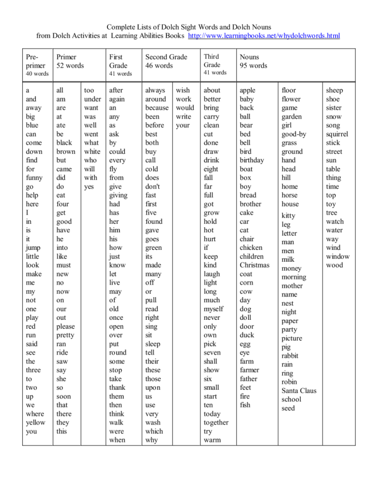 Printable List Sight Words Worksheets Pdf Free