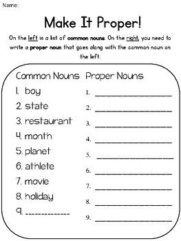 Common Noun And Proper Noun Worksheets Grade 2