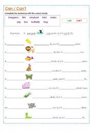 Animals Can Can't Worksheet Pdf