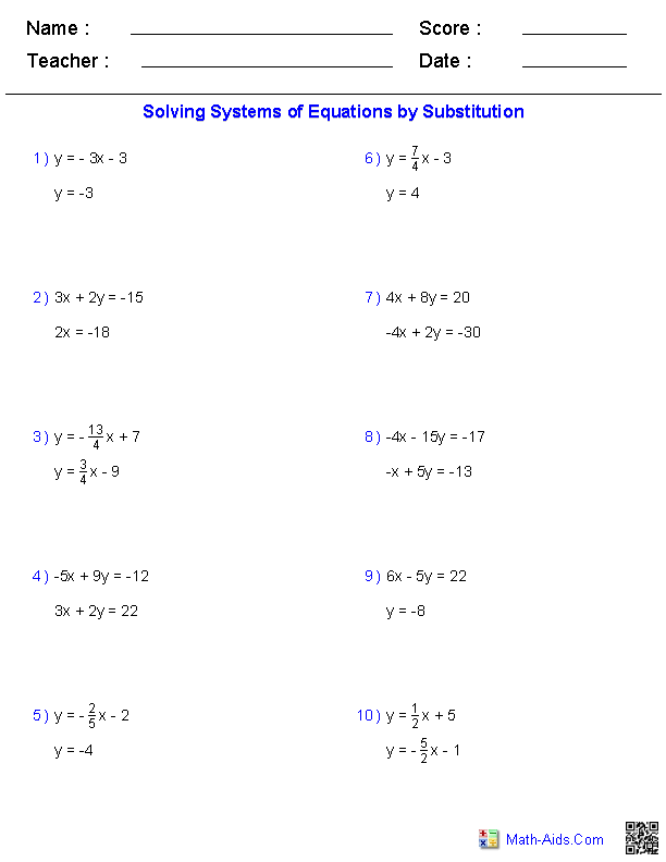 Algebra 1 Substitution Worksheet
