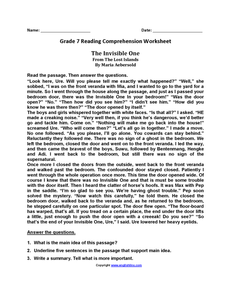 7th Grade Reading Comprehension Worksheets With Answers