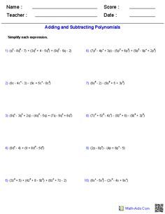 Algebra Adding And Subtracting Polynomials Worksheet