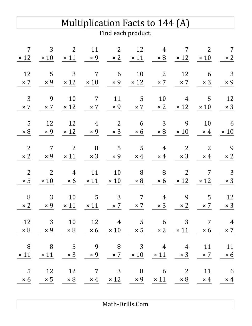 4th Grade Free Multiplication Facts Worksheets