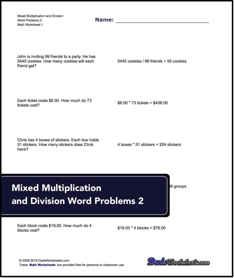 Mixed Multiplication And Division Word Problems For Grade 4
