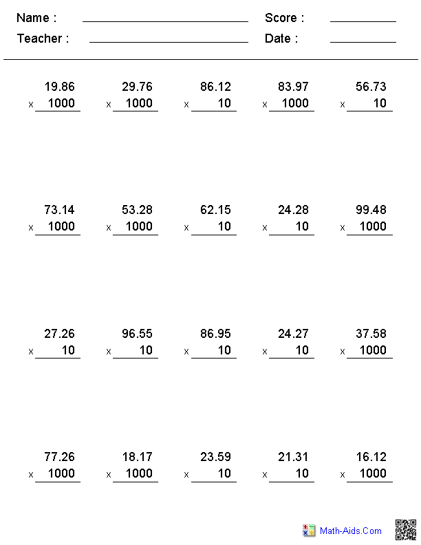 Free Worksheet Decimal Multiplication