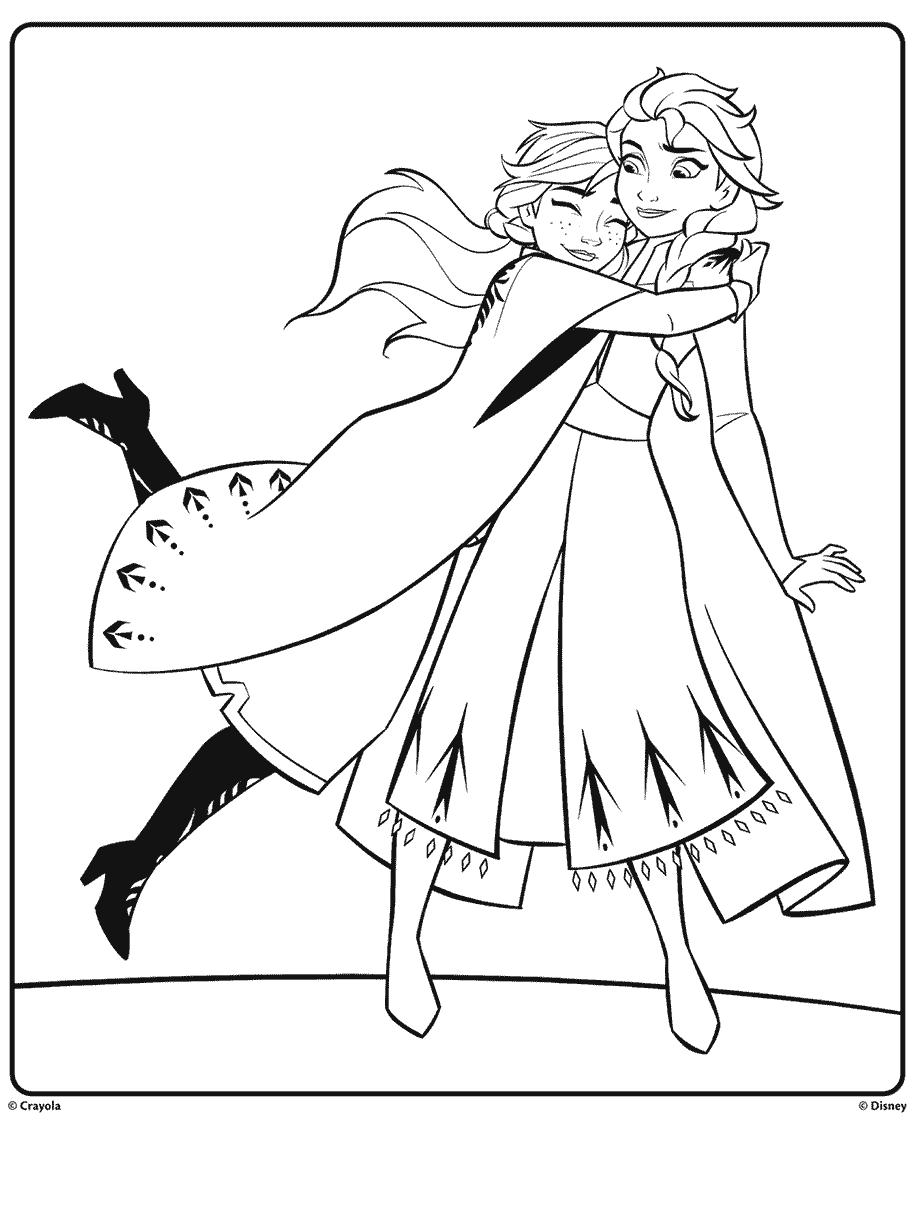Anna and Elsa from Disney Frozen 2 Hugging Coloring Page