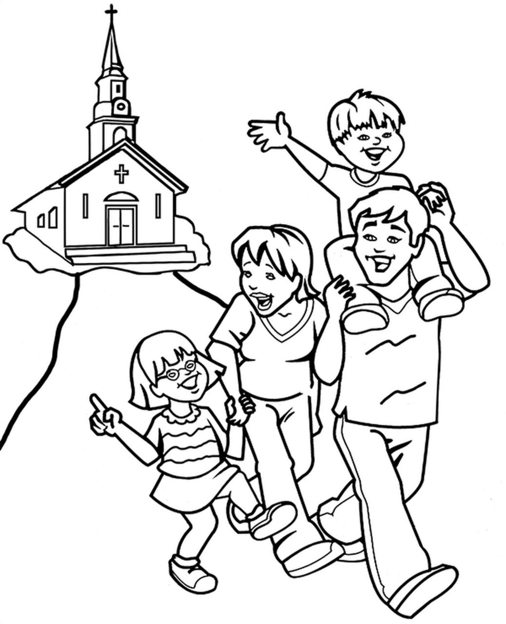 Happy Family Going Home From Church Coloring Page to Print and Download