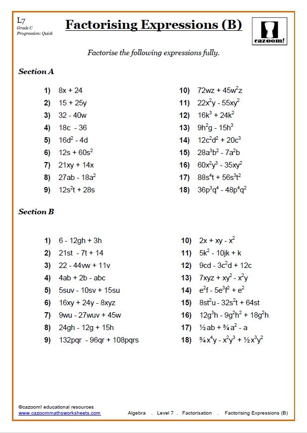 Algebraic Expression Substitution Worksheet