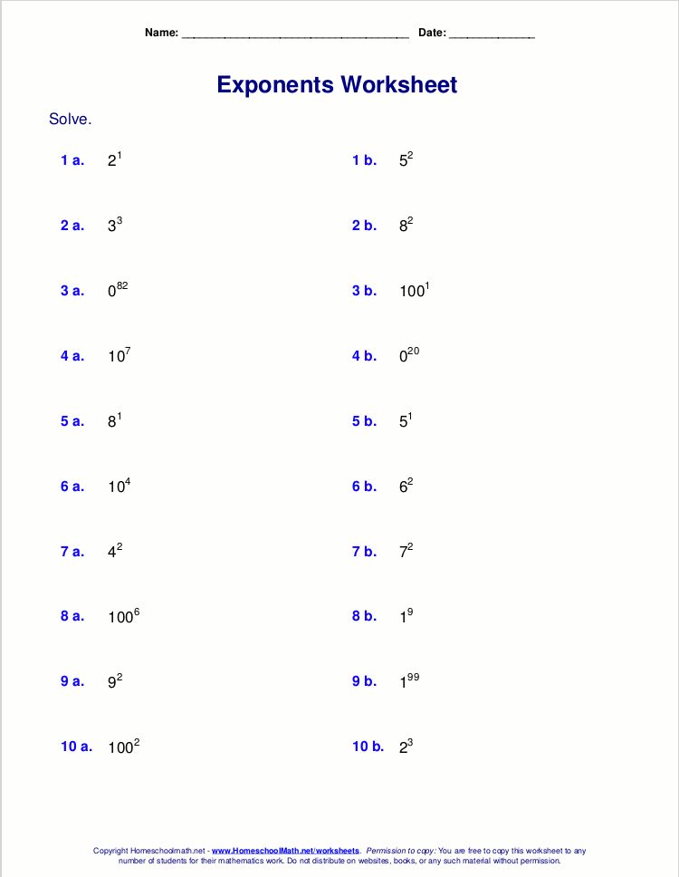 8th Grade Basic Exponents Worksheets Pdf