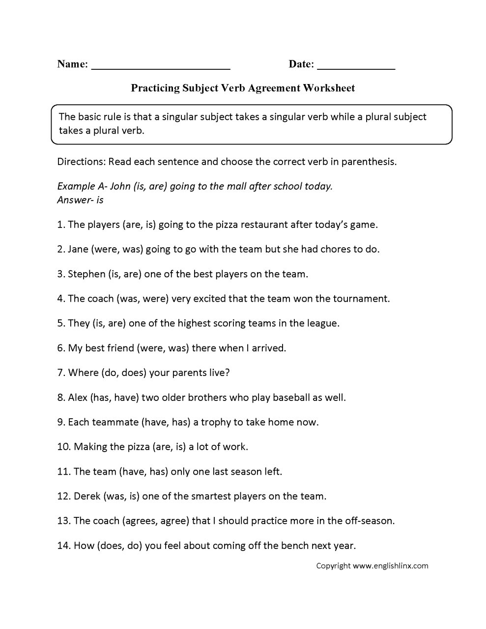 6th Grade Subject Verb Object Worksheets
