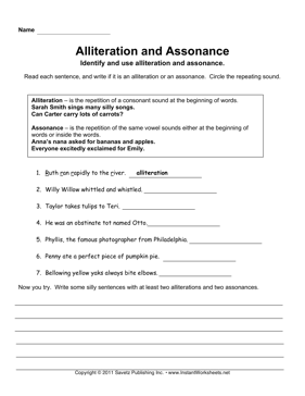 Grade 7 Alliteration Worksheets With Answers