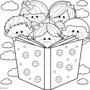 Children Reading A Book Coloring Book Page Stock Illustration