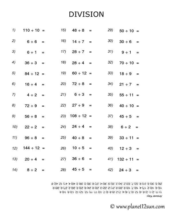 Division with answer key. Free printable PDF worksheet. Multiplying