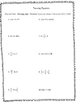 8th Grade Two Step Algebra Equations Worksheets