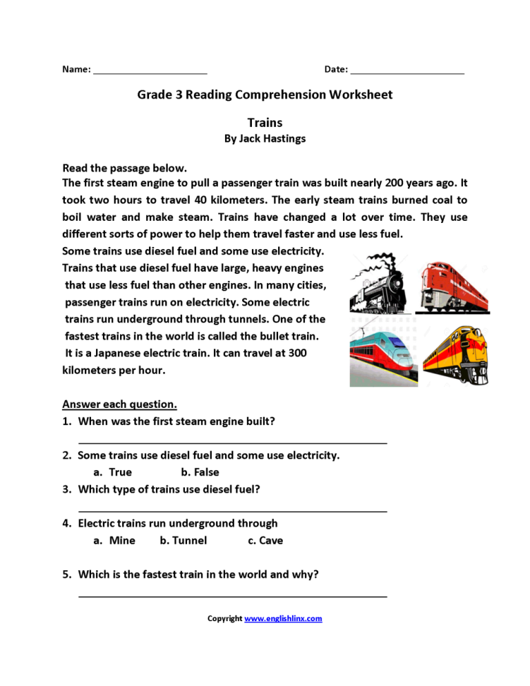 English Comprehension Worksheets For Grade 3 With Answers