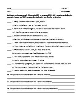 6th Grade Simple Compound Complex Sentences Worksheet