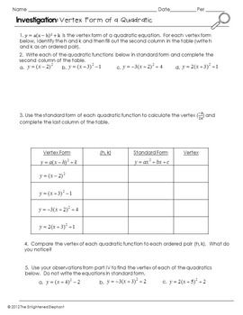 Standard Form To Vertex Form Worksheet Pdf With Answers