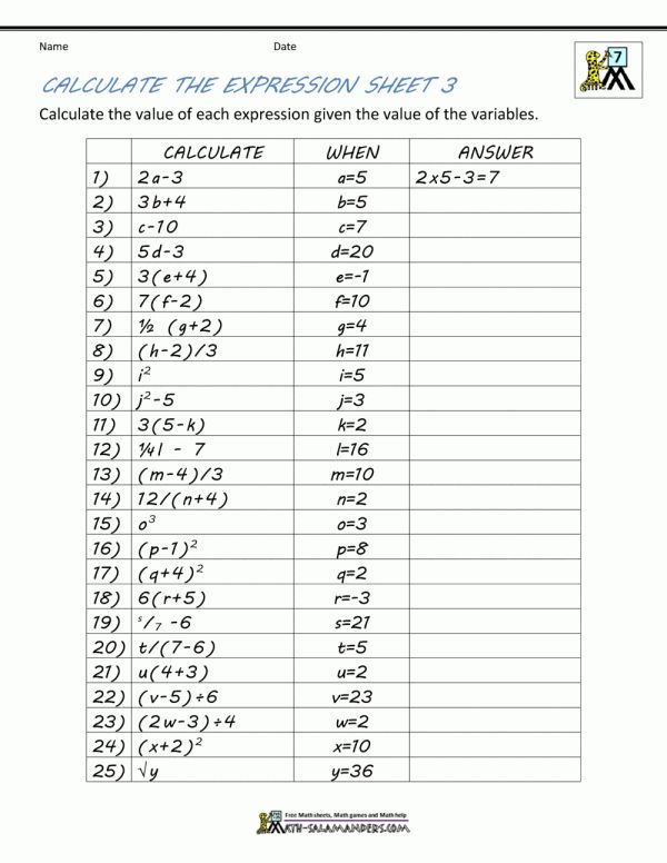 Answer Key Math Problems For 7th Graders With Answers