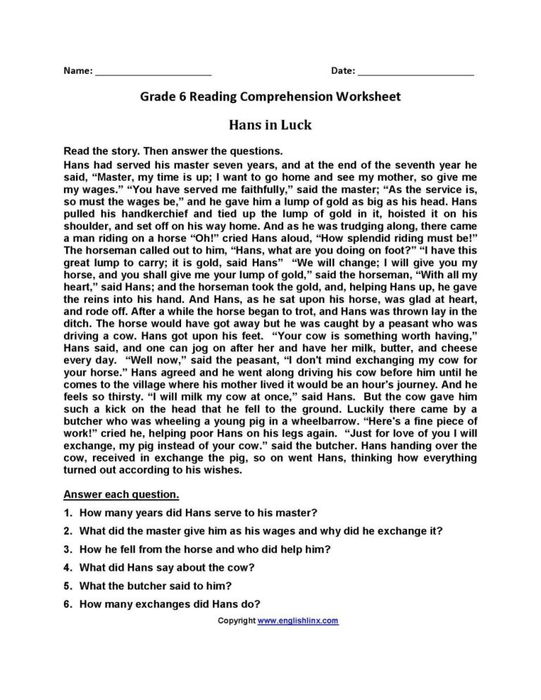 English Comprehension Worksheets For Grade 6 With Answers