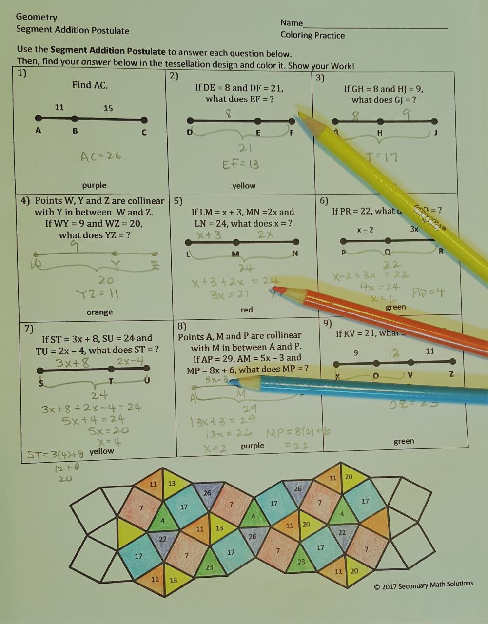 Geometry Basics Segment Addition Postulate Worksheet Answers Page 2