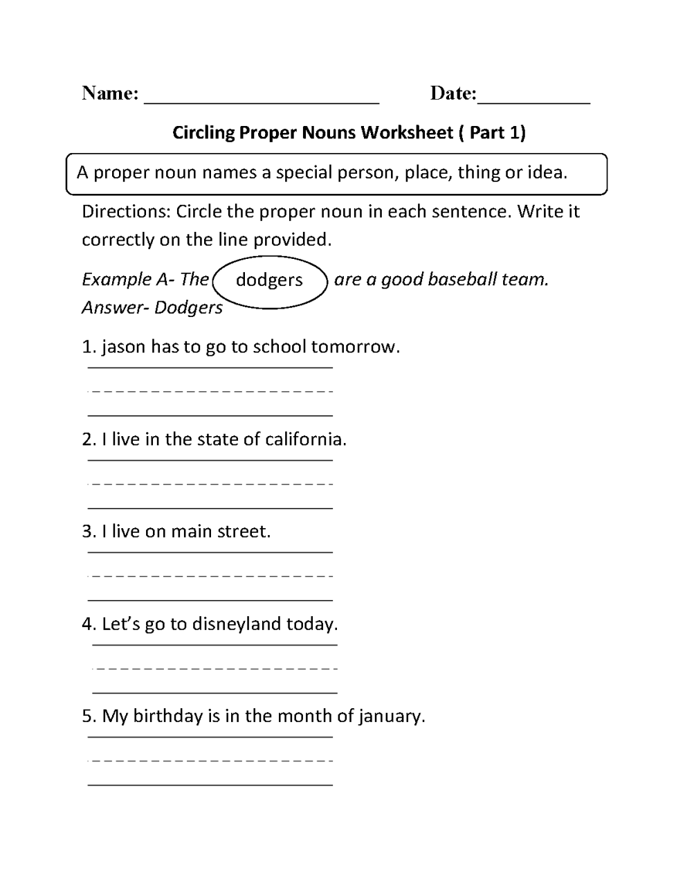Grade 1 Common And Proper Nouns Worksheet With Answers