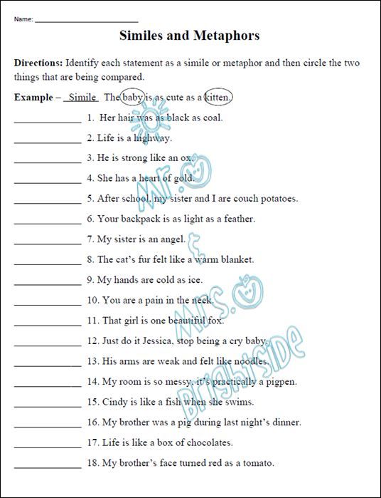 Simile And Metaphor Worksheets With Answers