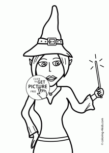 Halloween Witch with wand coloring pages for kids, printable free