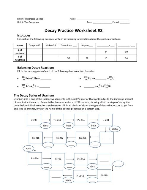 Subatomic Particles Worksheet #2 Answers