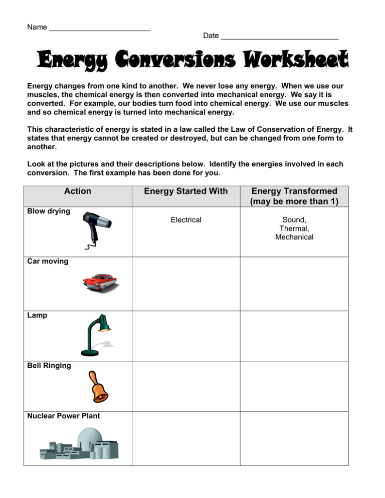 Energy Conversion Worksheets For 4th Grade