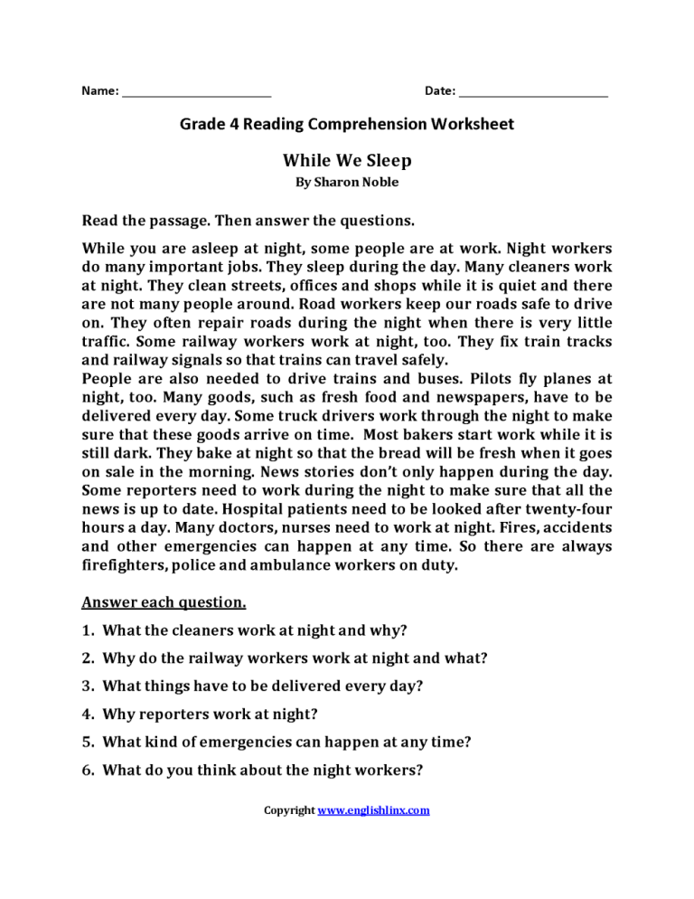 Reading Comprehension Worksheets For Grade 4 With Answers Pdf
