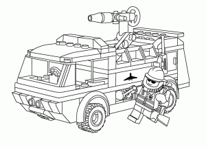 Lego firetruck with fireman coloring page for kids, printable free
