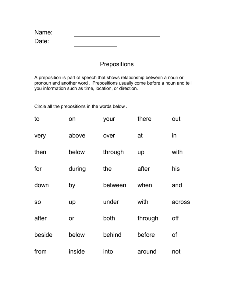 Grade 5 Preposition Worksheets With Answers