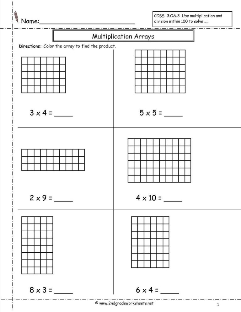 4th Grade Printable Multiplication Arrays Worksheets