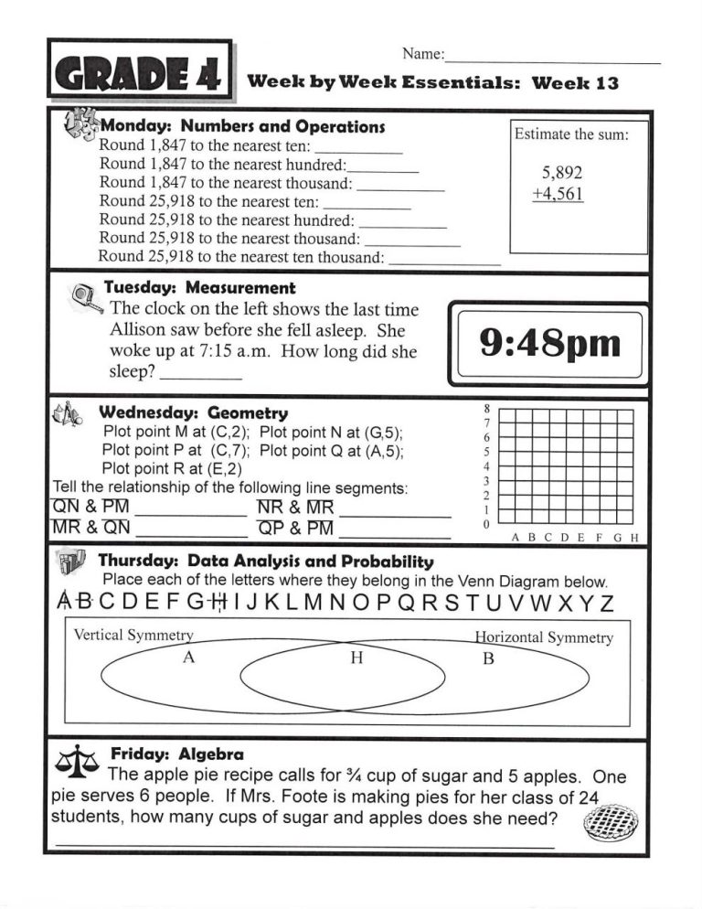 4th Grade Math Homework Sheets