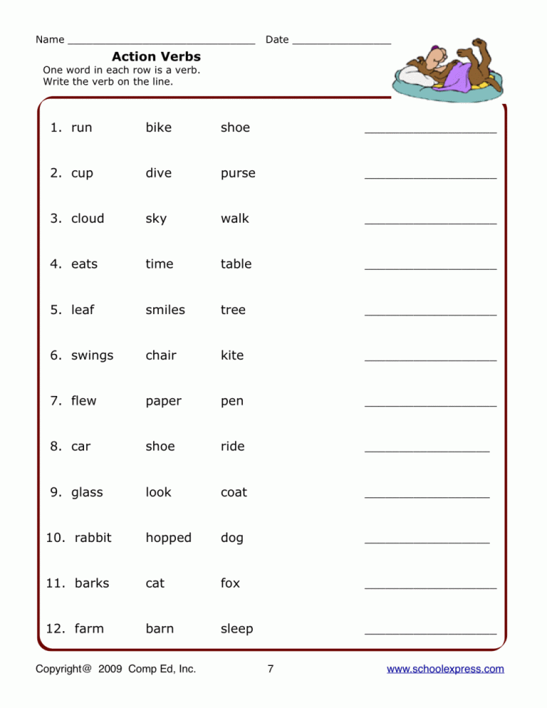 Second Grade Action Words Worksheet For Grade 2
