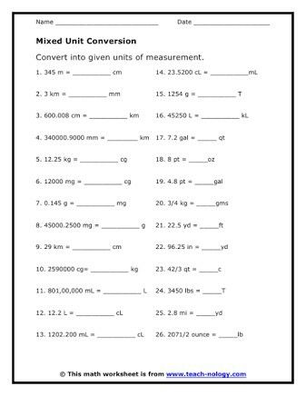 Math Unit Conversion Worksheets