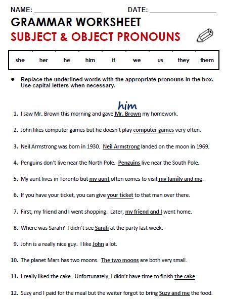 Sixth Grade Subject And Object Pronouns Worksheets With Answers Pdf