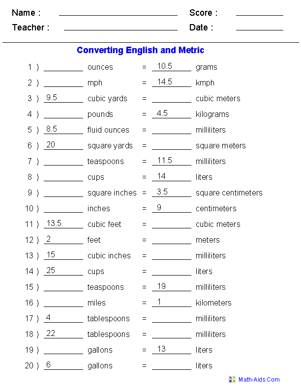 Converting Between Metric Units Worksheet Answer Key Math-aids.com