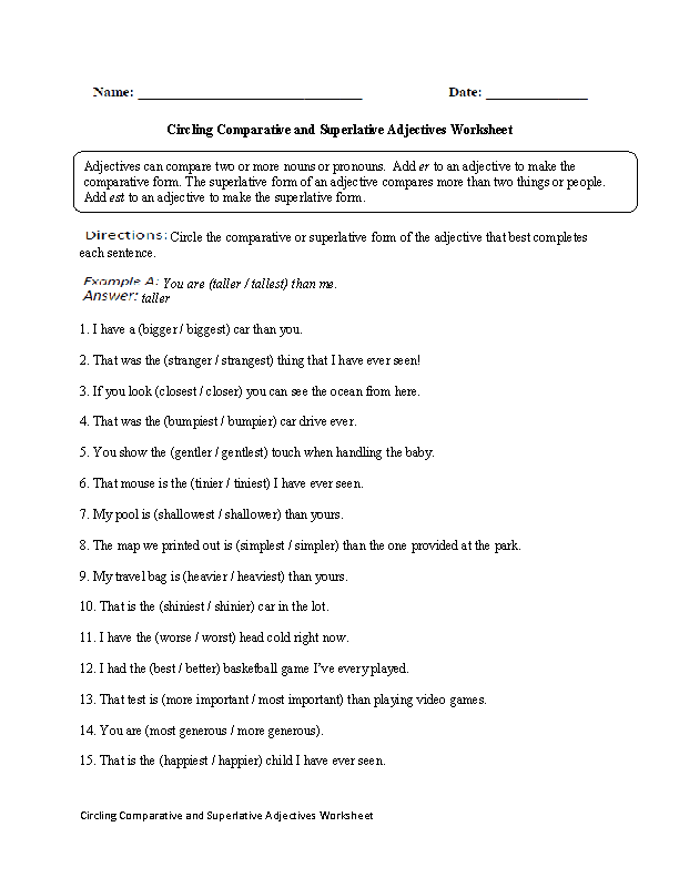 Adjectives Of Comparison Worksheet For Grade 5