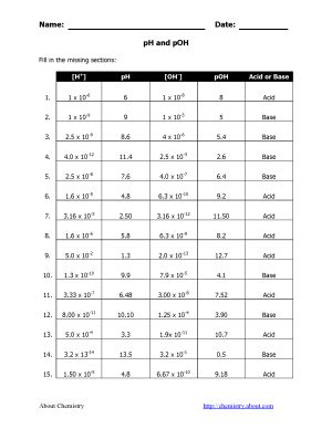 Ph And Poh Calculations Worksheet #2