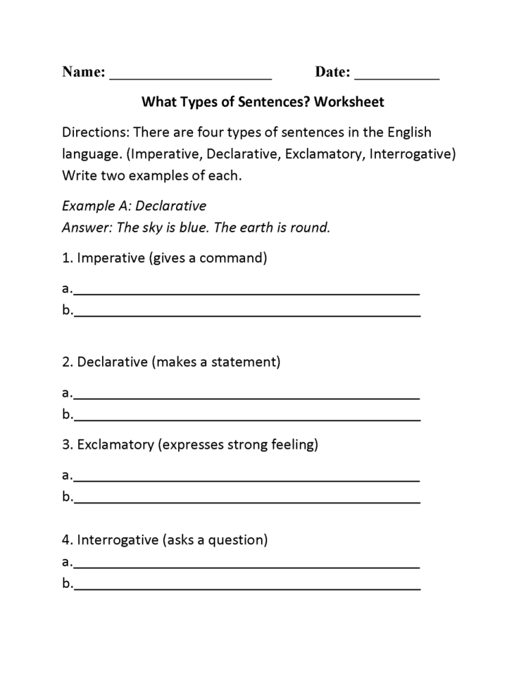 6th Grade Imperative Sentence Worksheets Pdf