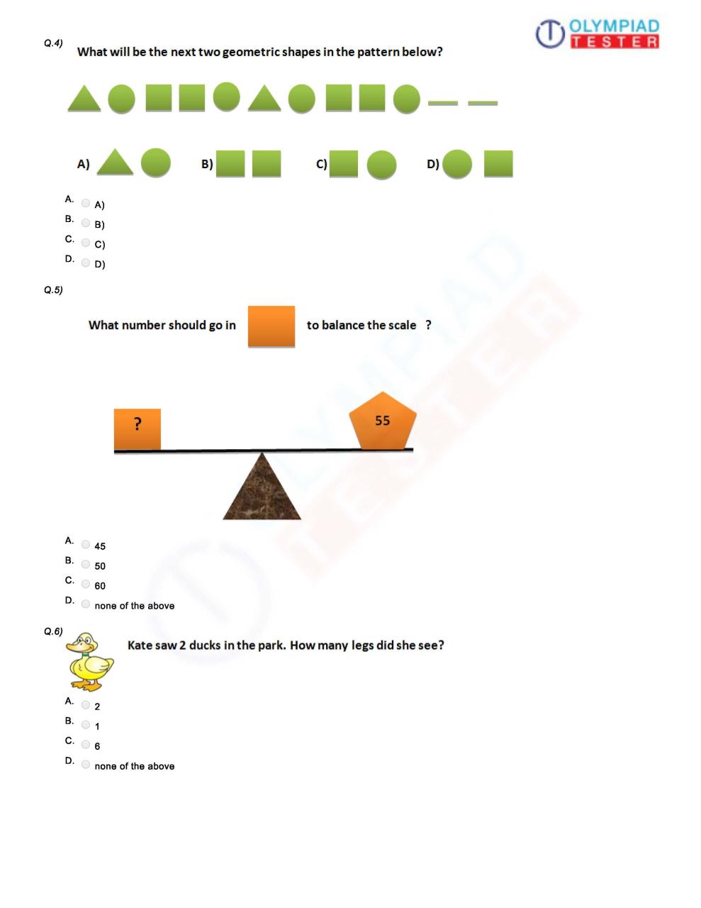 Grade 1 Assessment Test Free Maths Olympiad Worksheets For Class 1 Pdf