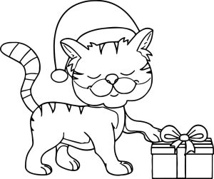 Happy Cat Wearing Christmas Hat Taking Gift Coloring Page