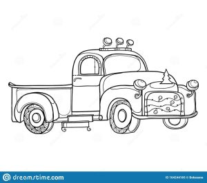 Vector Drawing of Outline Vintage Old Pickup Truck with Christmas Tree